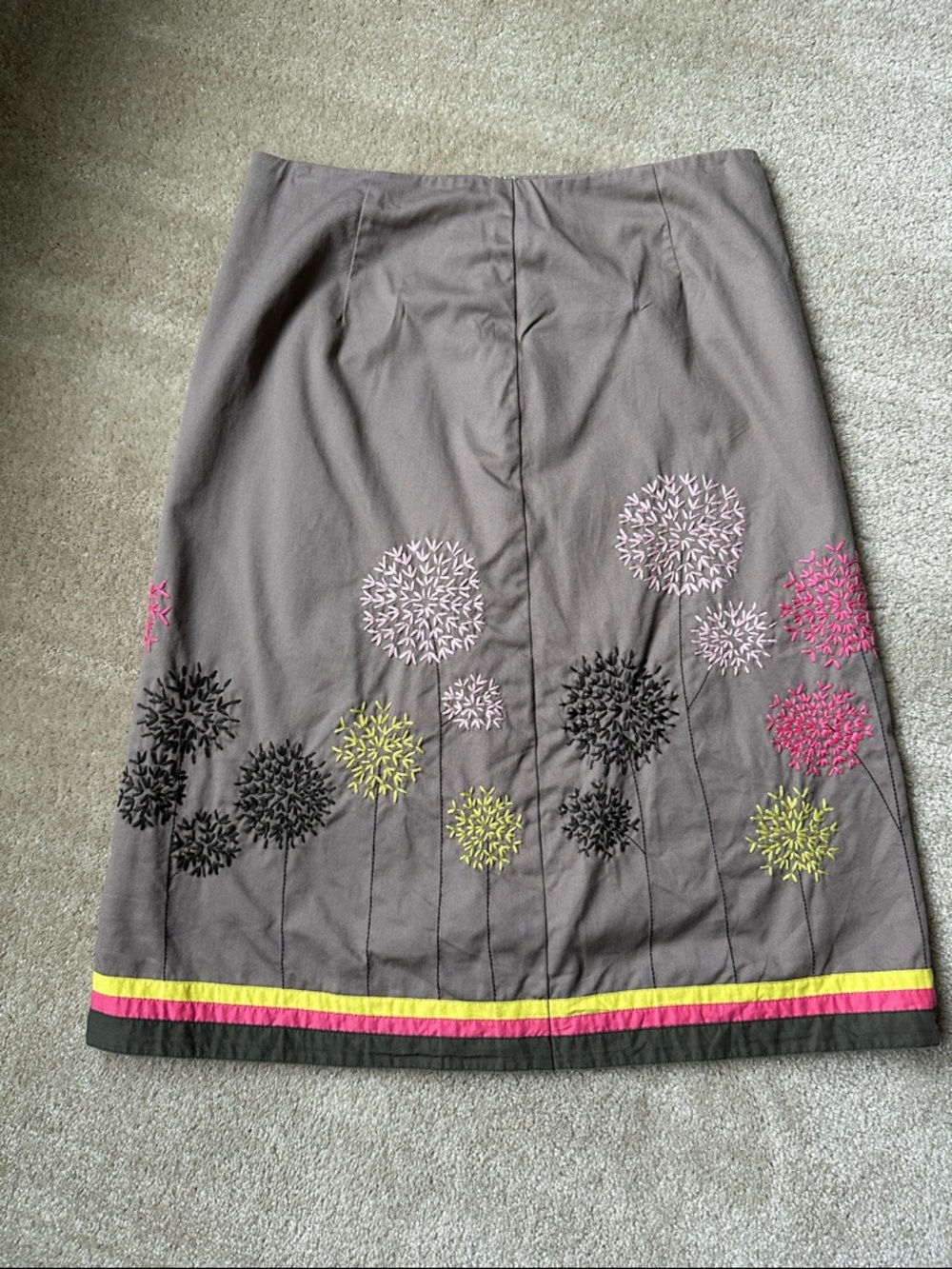 Boden Embroidered Floral A-Line Skirt in Taupe with Pink & Yellow Accents
